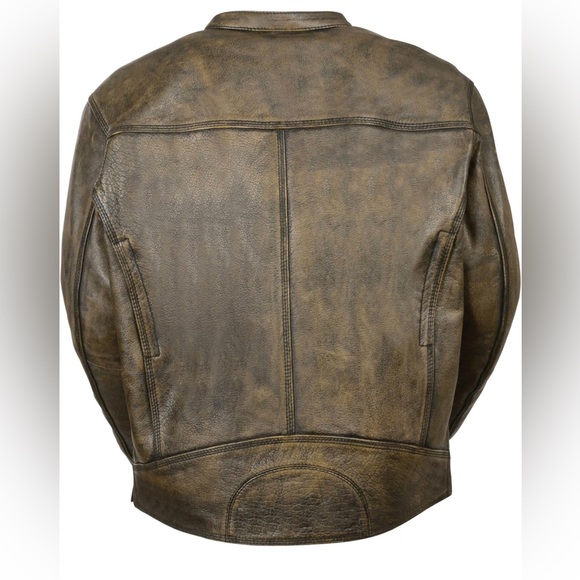 Men's Distressed Brown Leather Jacket w/Triple Stitch Detail Motorcycle Jacket - Picture 2 of 3